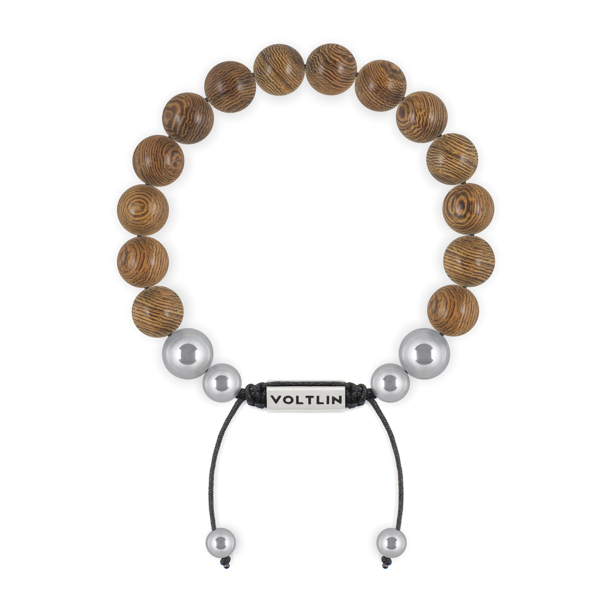 Top view of a 10mm Wedge Wood beaded shamballa bracelet with silver stainless steel logo bead made by Voltlin