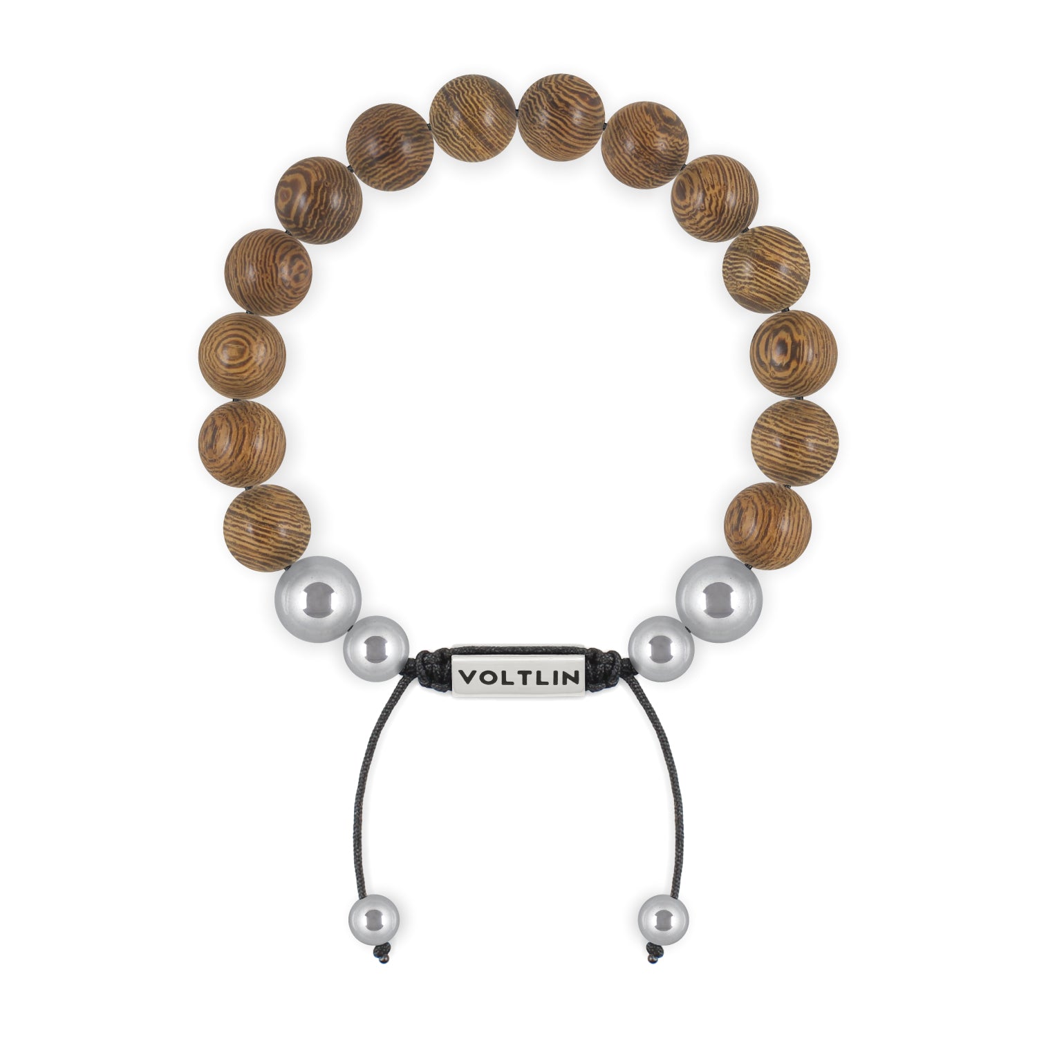 Top view of a 10mm Wedge Wood beaded shamballa bracelet with silver stainless steel logo bead made by Voltlin