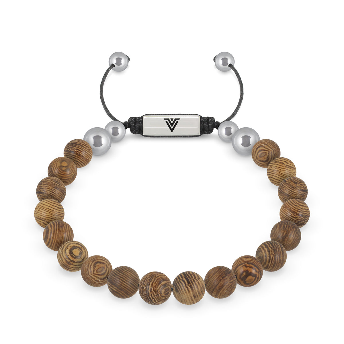 Front view of an 8mm Wedge Wood beaded shamballa bracelet with silver stainless steel logo bead made by Voltlin