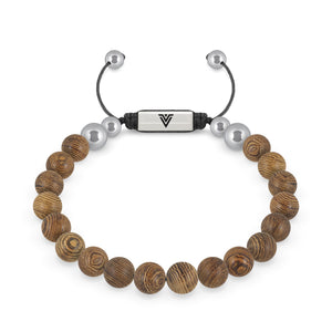 Front view of an 8mm Wedge Wood beaded shamballa bracelet with silver stainless steel logo bead made by Voltlin
