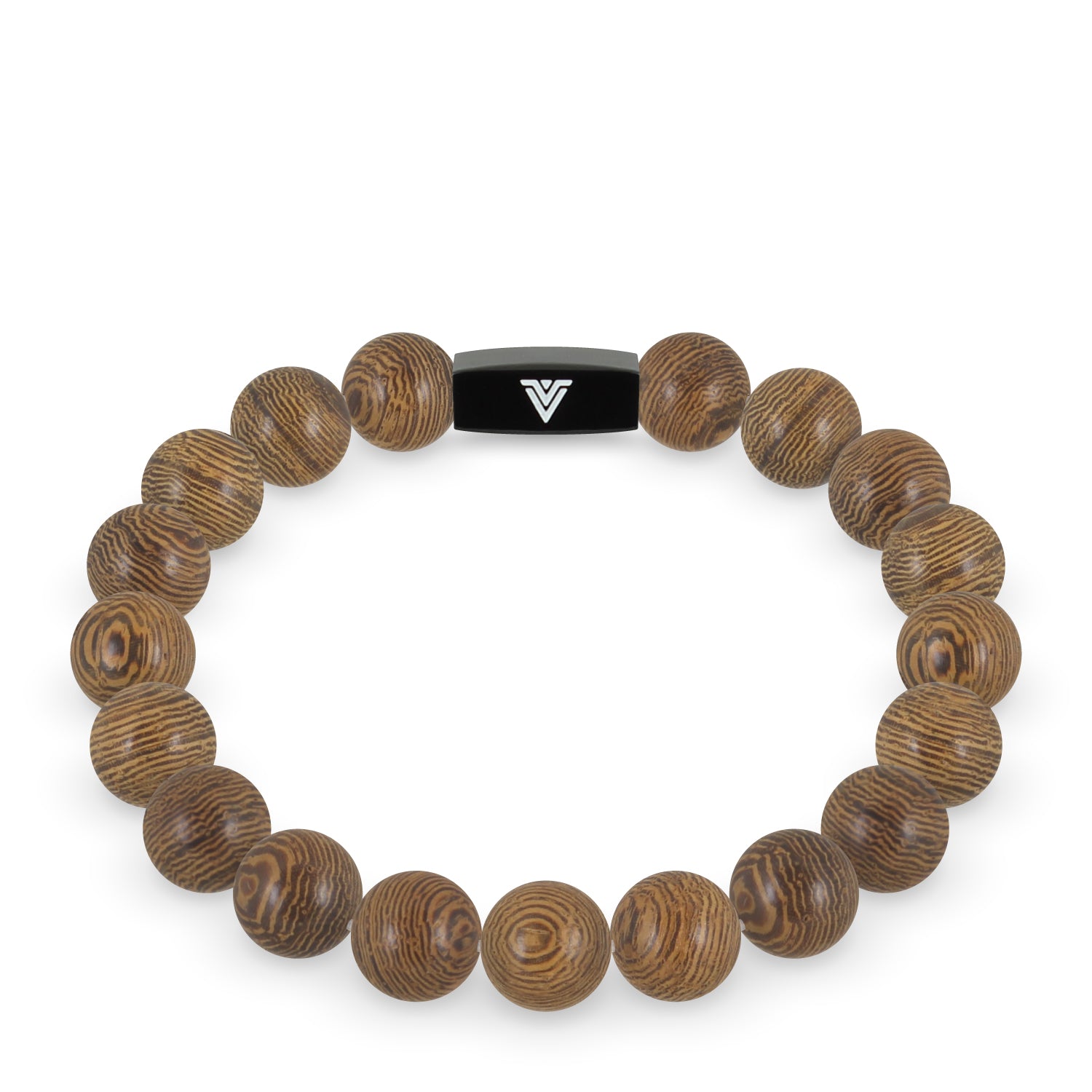 Front view of a 10mm Wood crystal beaded stretch bracelet with black stainless steel logo bead made by Voltlin