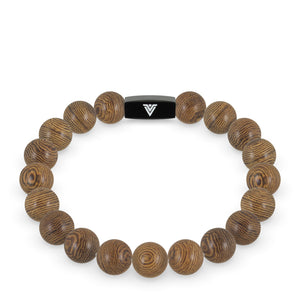 Front view of a 10mm Wood crystal beaded stretch bracelet with black stainless steel logo bead made by Voltlin