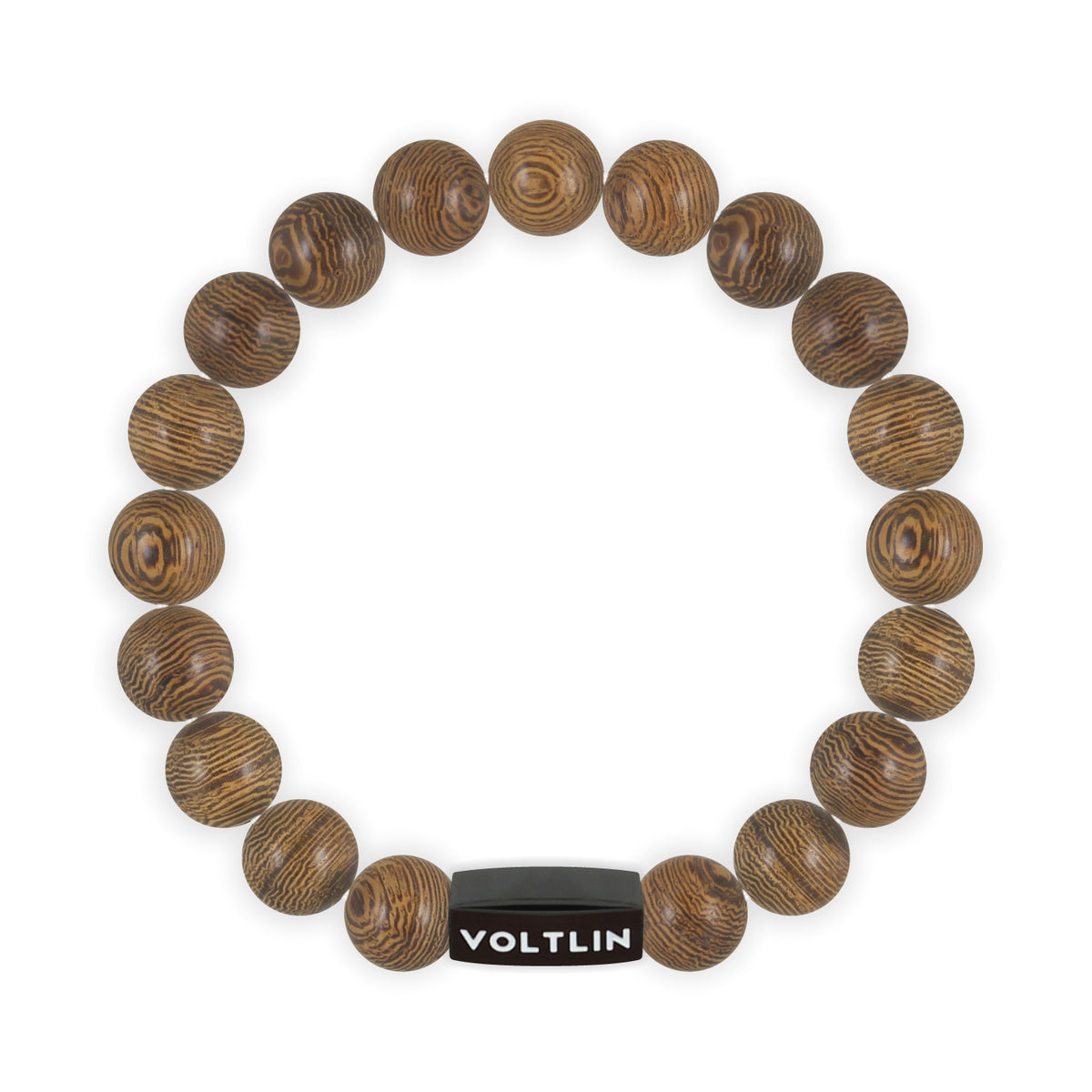 Top view of a 10mm Wood crystal beaded stretch bracelet with black stainless steel logo bead made by Voltlin