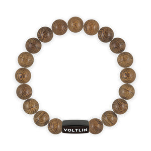 Top view of a 10mm Wood crystal beaded stretch bracelet with black stainless steel logo bead made by Voltlin