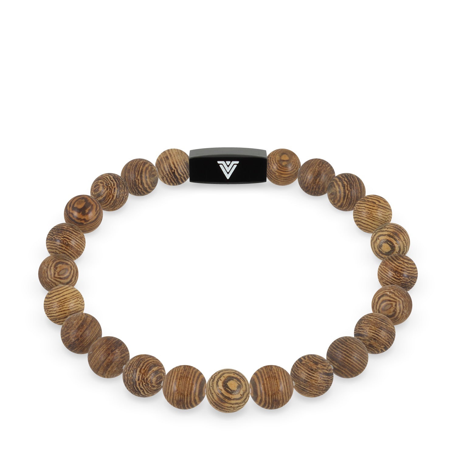 Front view of an 8mm Wood crystal beaded stretch bracelet with black stainless steel logo bead made by Voltlin