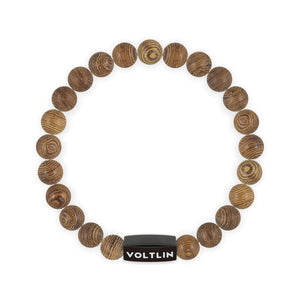 Top view of an 8mm Wood crystal beaded stretch bracelet with black stainless steel logo bead made by Voltlin