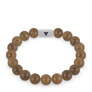 Front view of a 10mm Wedge Wood beaded stretch bracelet with silver stainless steel logo bead made by Voltlin