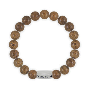 Top view of a 10mm Wedge Wood beaded stretch bracelet with silver stainless steel logo bead made by Voltlin
