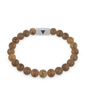 Front view of an 8mm Wedge Wood beaded stretch bracelet with silver stainless steel logo bead made by Voltlin