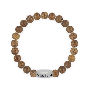 Top view of an 8mm Wedge Wood beaded stretch bracelet with silver stainless steel logo bead made by Voltlin