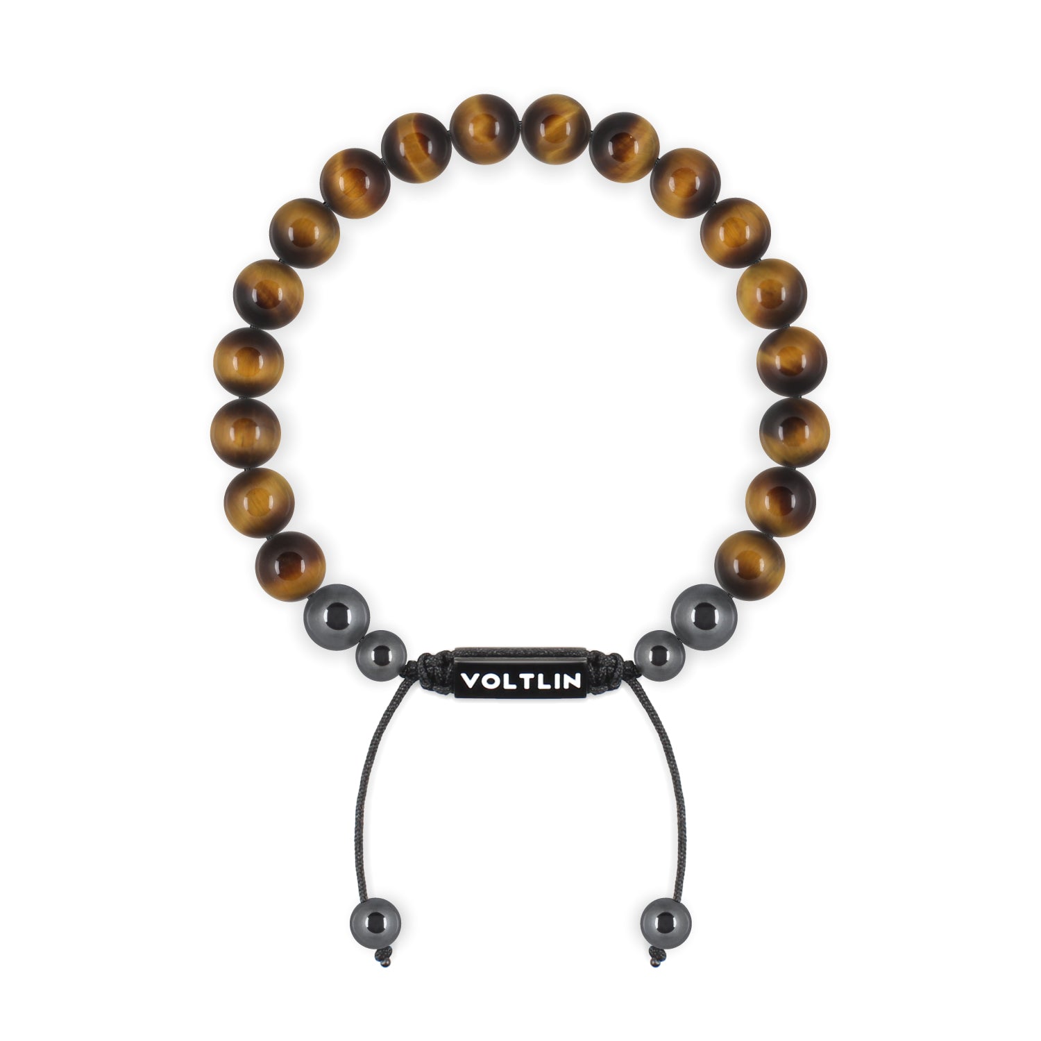 Front view of an 8mm Yellow Tigers Eye crystal beaded shamballa bracelet with black stainless steel logo bead made by Voltlin