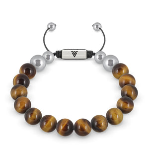 Front view of a 10mm Yellow Tiger's Eye beaded shamballa bracelet with silver stainless steel logo bead made by Voltlin
