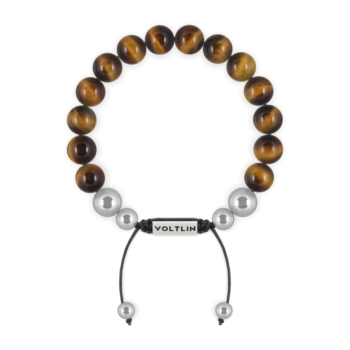 Top view of a 10mm Yellow Tiger's Eye beaded shamballa bracelet with silver stainless steel logo bead made by Voltlin