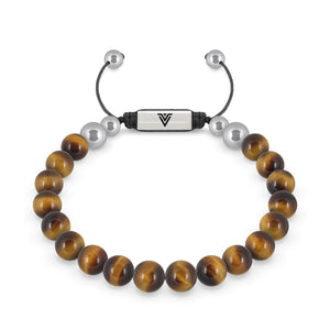 Front view of an 8mm Yellow Tiger's Eye beaded shamballa bracelet with silver stainless steel logo bead made by Voltlin
