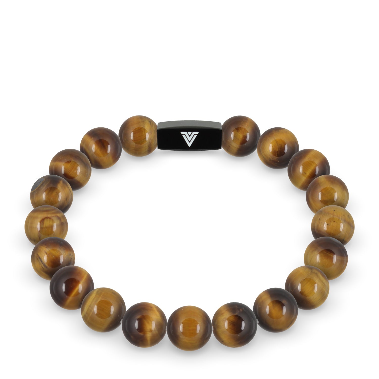 Front view of a 10mm Yellow Tigers Eye crystal beaded stretch bracelet with black stainless steel logo bead made by Voltlin