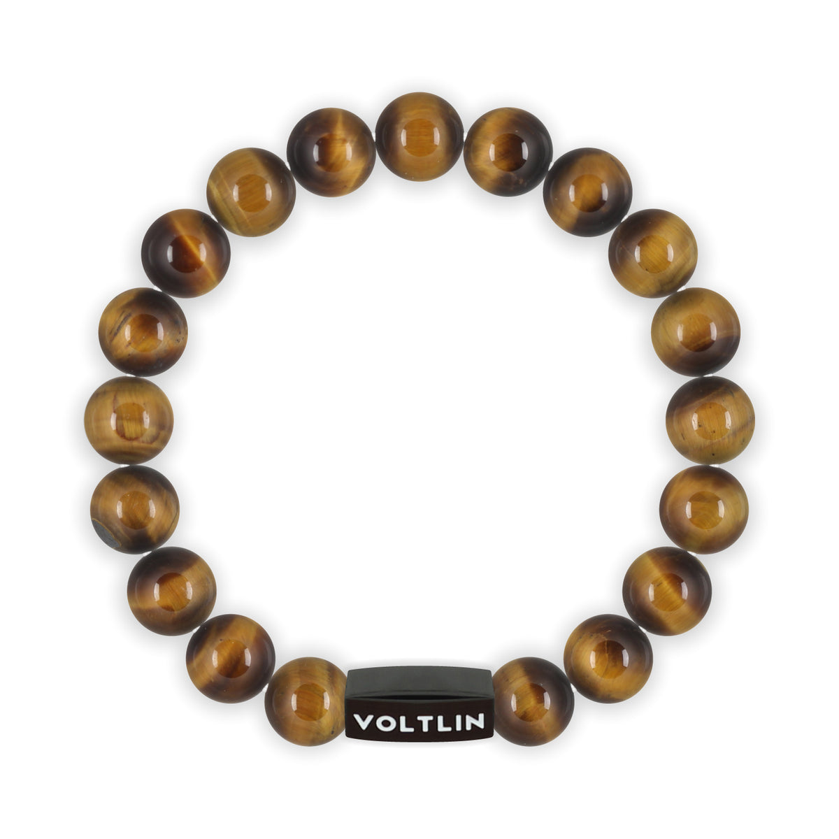 Top view of a 10mm Yellow Tigers Eye crystal beaded stretch bracelet with black stainless steel logo bead made by Voltlin