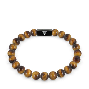 Front view of an 8mm Yellow Tigers Eye crystal beaded stretch bracelet with black stainless steel logo bead made by Voltlin