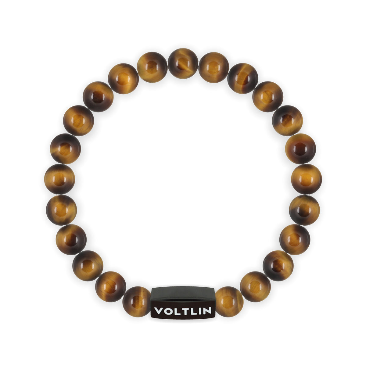 Top view of an 8mm Yellow Tigers Eye crystal beaded stretch bracelet with black stainless steel logo bead made by Voltlin