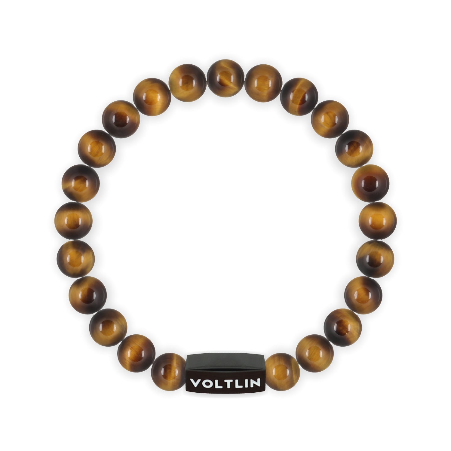 Front view of an 8mm Yellow Tigers Eye crystal beaded stretch bracelet with black stainless steel logo bead made by Voltlin