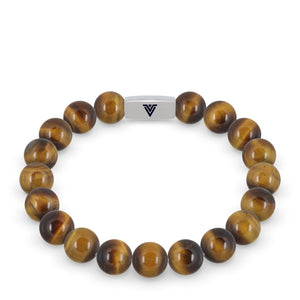 Front view of a 10mm Yellow Tiger's Eye beaded stretch bracelet with silver stainless steel logo bead made by Voltlin