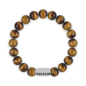Top view of a 10mm Yellow Tiger's Eye beaded stretch bracelet with silver stainless steel logo bead made by Voltlin