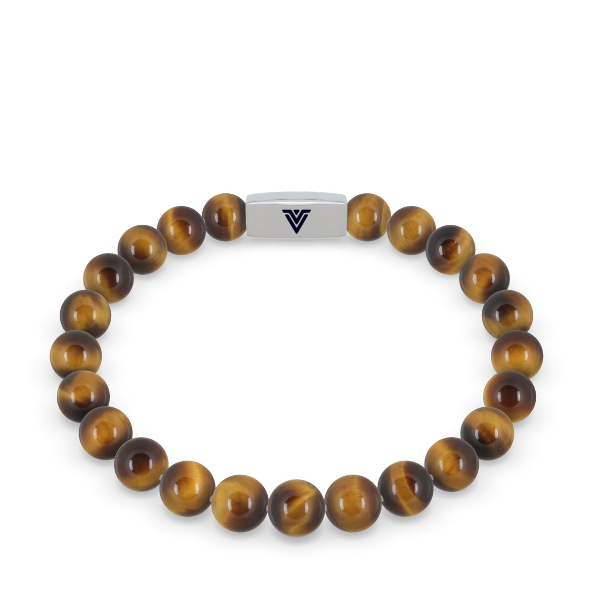 Front view of an 8mm Yellow Tiger's Eye beaded stretch bracelet with silver stainless steel logo bead made by Voltlin